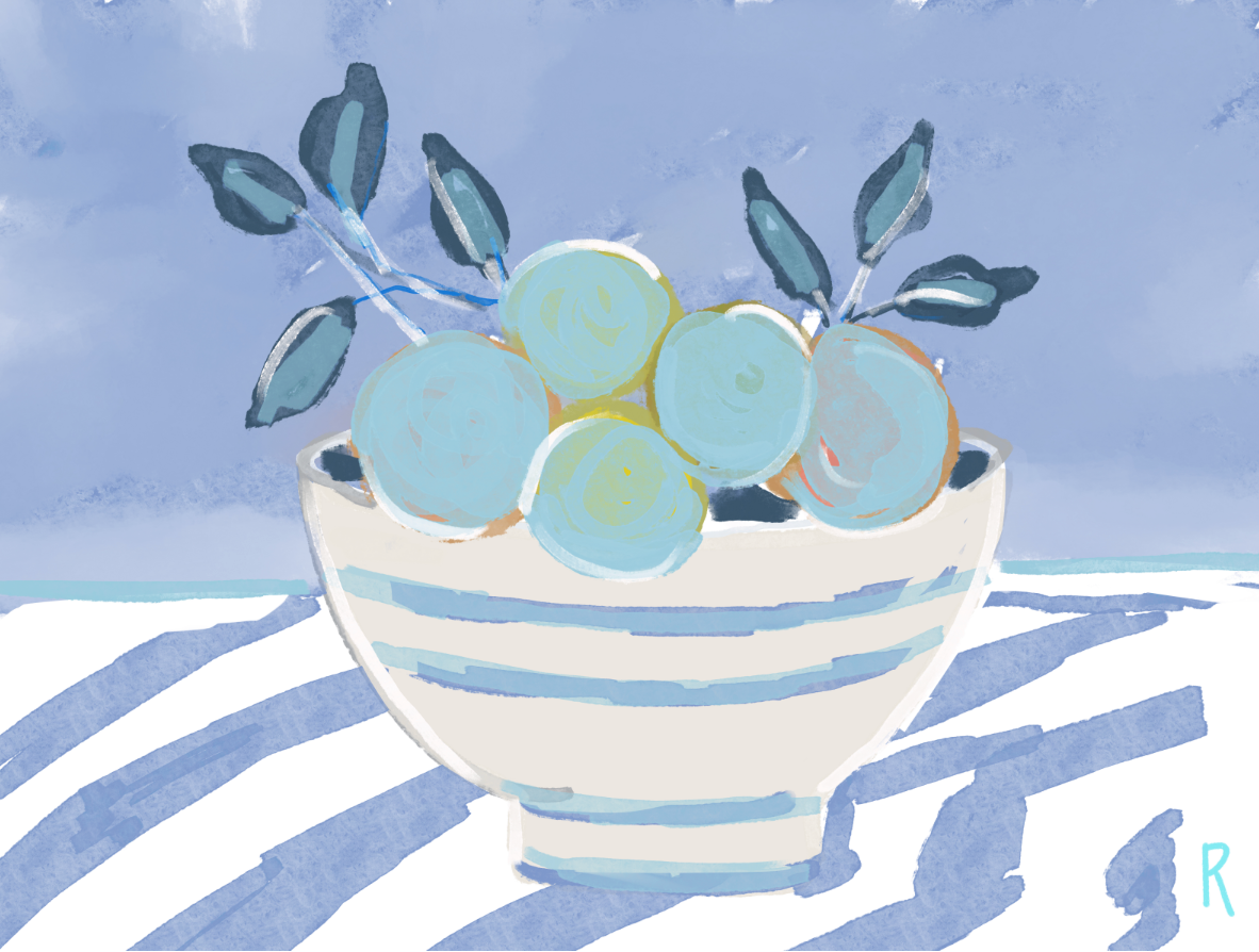 Watercolor style still life artwork of round light blue fruits in a white bowl with blue stripes, set against a pale blue background with blue striped surface details.