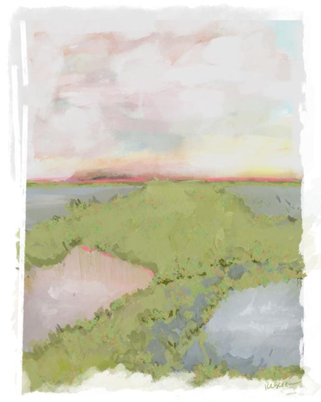 Soft pastel illustration of a coastal marsh landscape at sunset with water, greenery, and sky, original artwork by Rebecca Illustrated.