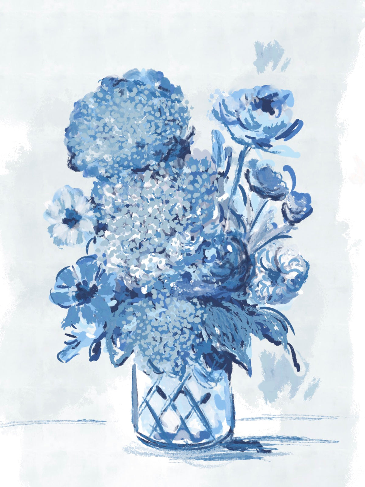 Blue watercolor floral bouquet in a lattice vase — cobalt botanical art by Rebecca Illustrated.