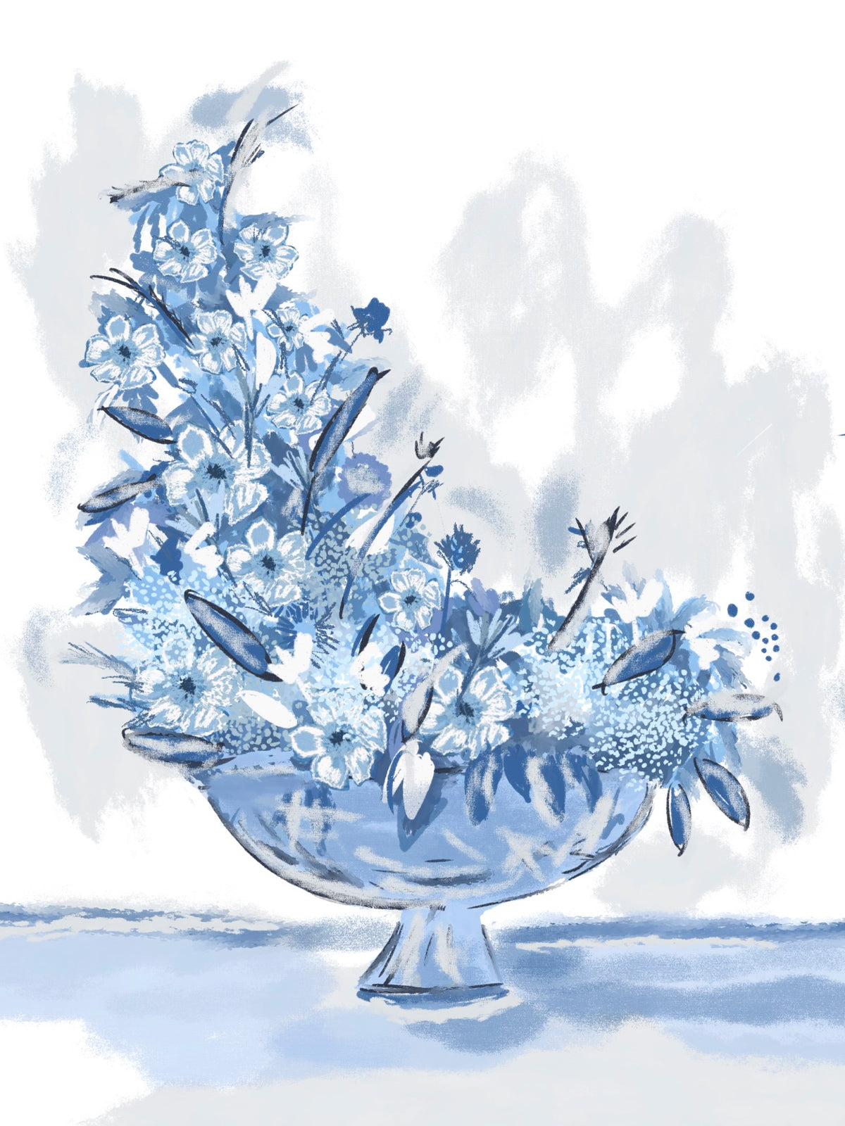 Blue watercolor floral cascade in a footed bowl — botanical illustration by Rebecca Illustrated.