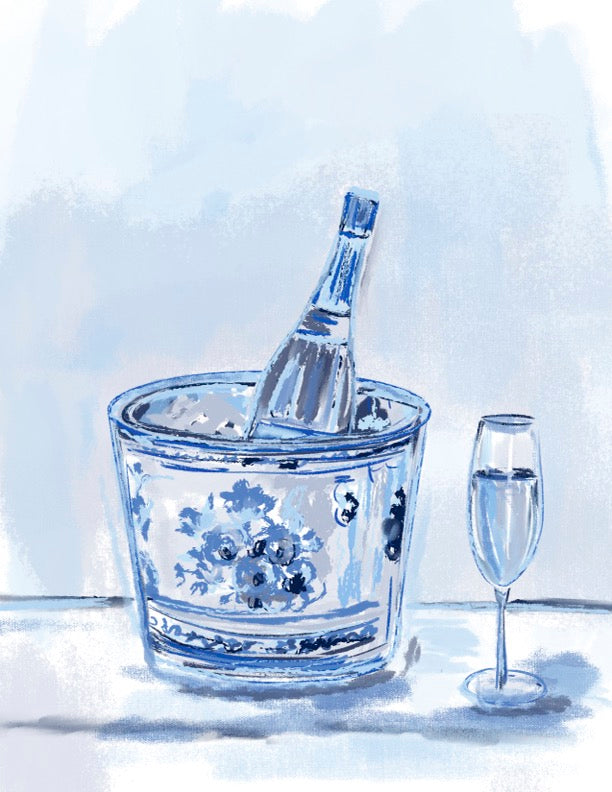 Blue watercolor illustration of a wine bottle in a floral ice bucket with a champagne glass — art by Rebecca Illustrated.