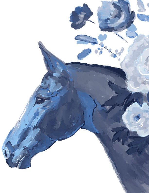 Blue watercolor horse illustration with floral accents — equine botanical art by Rebecca Illustrated.