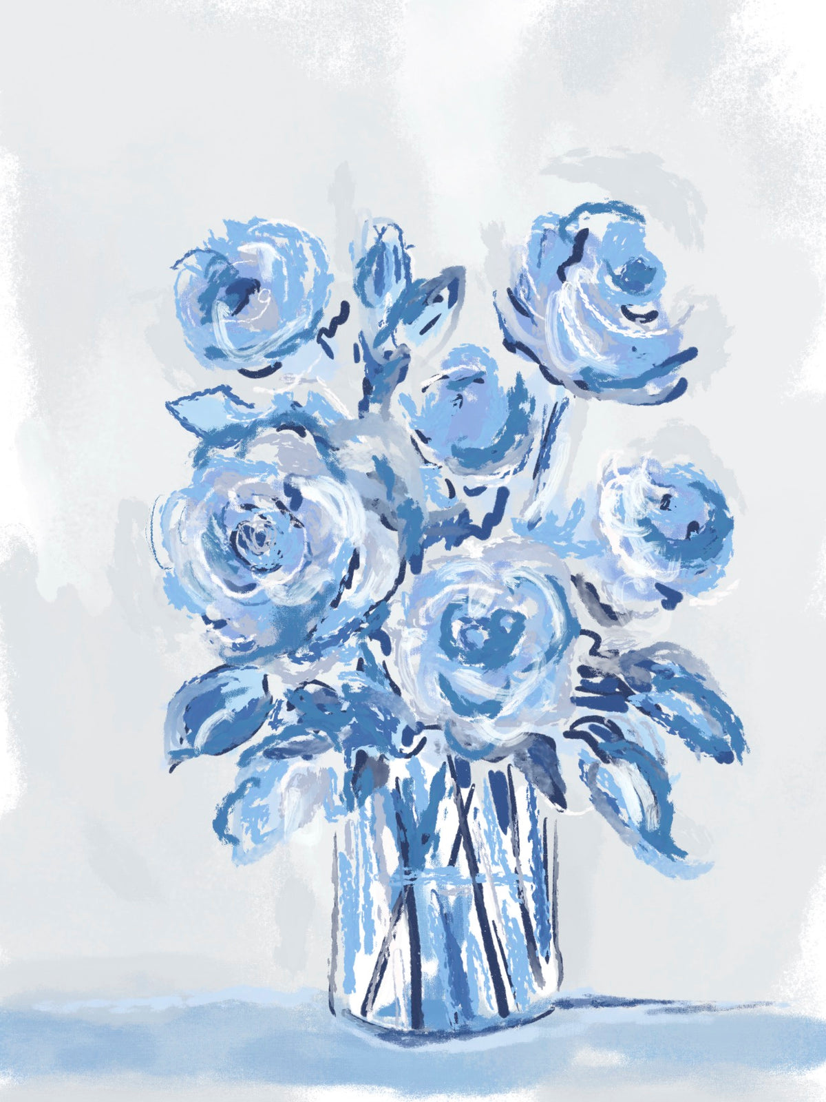 Watercolor-style illustration of a blue and white floral bouquet in a patterned vase.