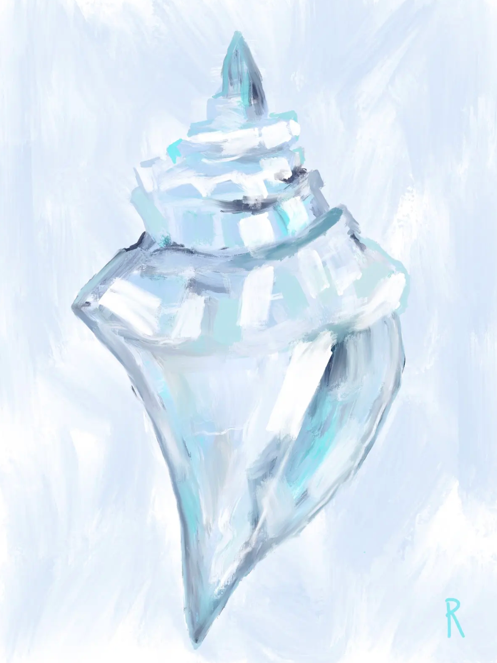 A watercolor painting of a conch shell on a light blue and white textured background.