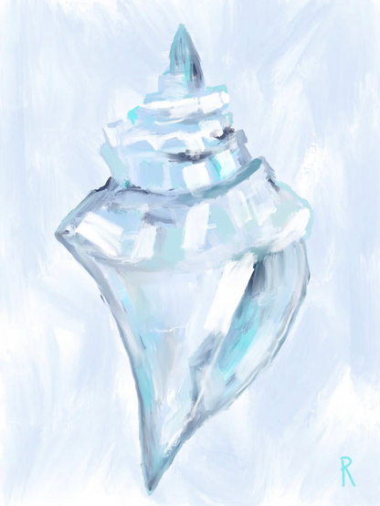 A watercolor painting of a conch shell on a light blue and white textured background.
