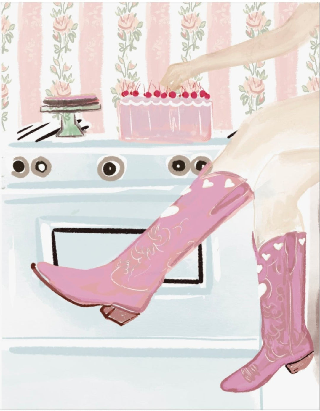 Illustration of pink cowgirl boots resting in a kitchen scene with a cherry-topped cake on the stove, original artwork by Rebecca Illustrated on a blank greeting card