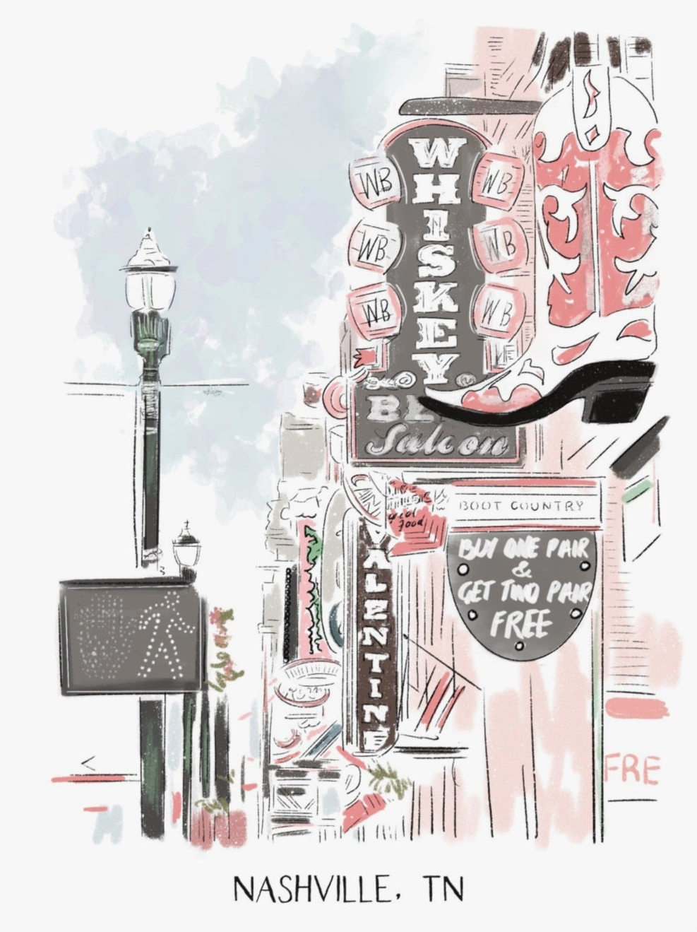Illustrated Nashville Tennessee street scene featuring Whiskey Row signs and a western boot, original artwork by Rebecca Illustrated.