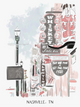 Illustrated Nashville Tennessee street scene featuring Whiskey Row signs and a western boot, original artwork by Rebecca Illustrated.