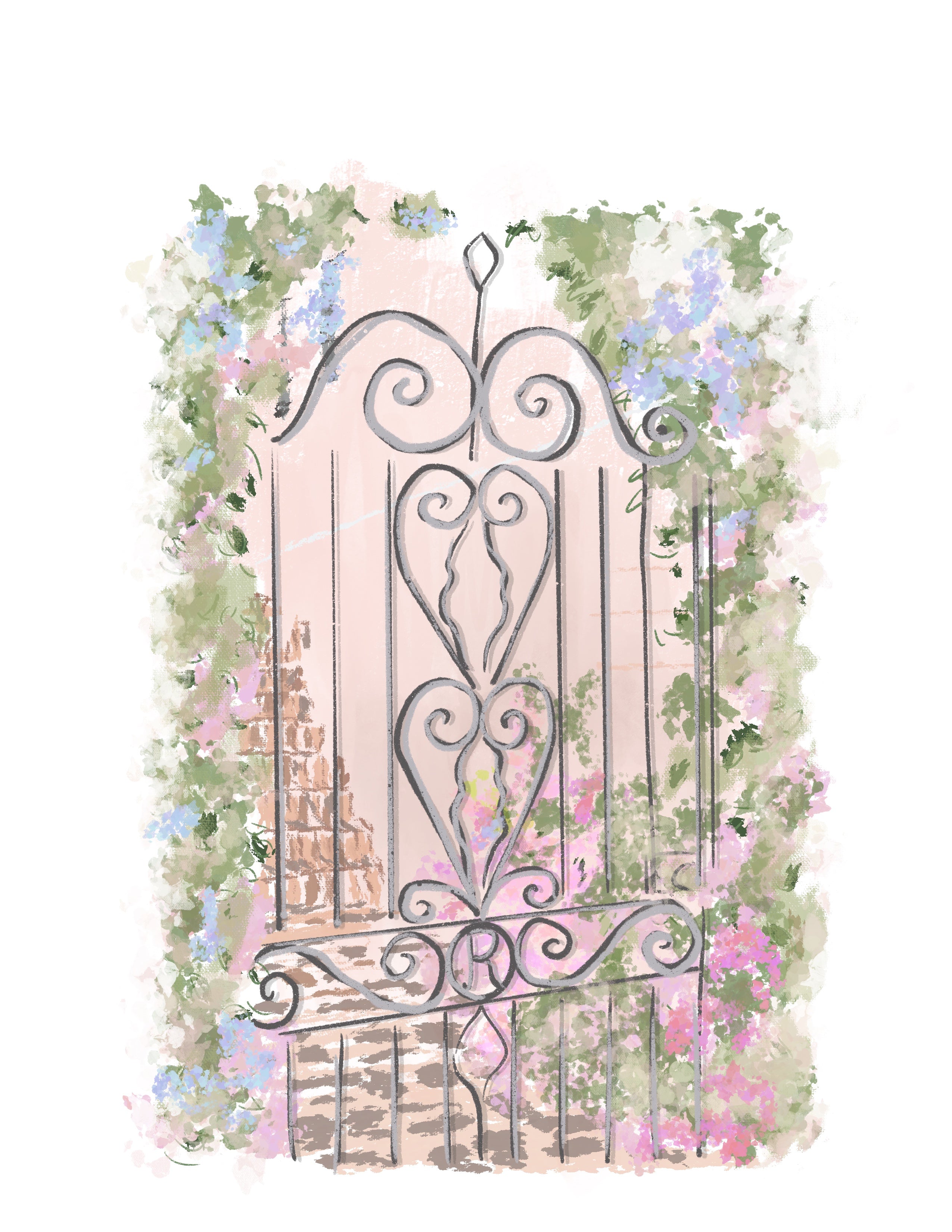 Watercolor illustration of a Charleston wrought iron gate with climbing florals — art by Rebecca Illustrated.