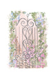 Watercolor illustration of a Charleston wrought iron gate with climbing florals — art by Rebecca Illustrated.