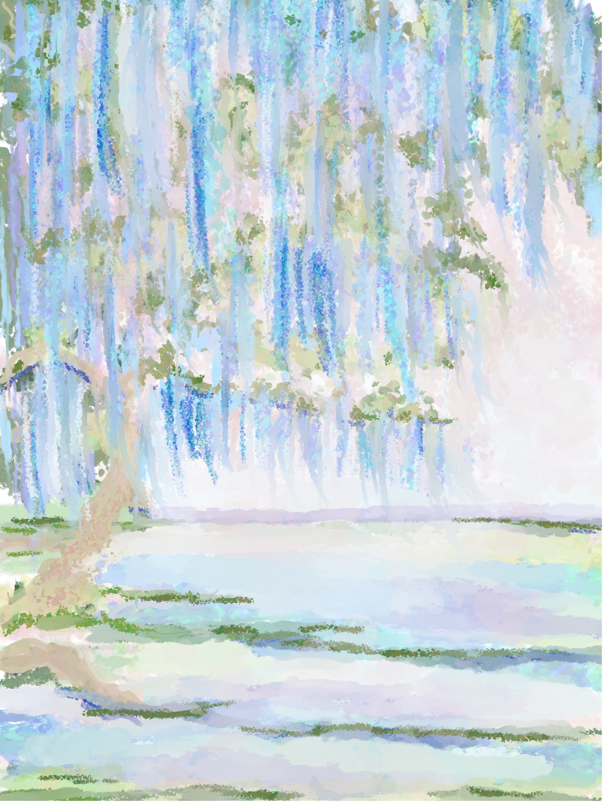 Enchanted Wisteria watercolor art print featuring cascading blue and lavender wisteria blooms hanging from a large tree in a dreamy pastel garden landscape.