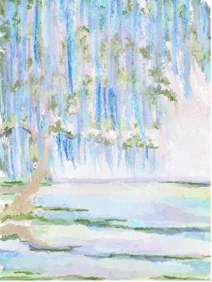 Enchanted Wisteria watercolor art print featuring cascading blue and lavender wisteria blooms hanging from a large tree in a dreamy pastel garden landscape.