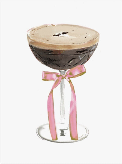 Illustration of a coupe cocktail glass tied with a pink bow, original artwork by Rebecca Illustrated on a blank greeting card