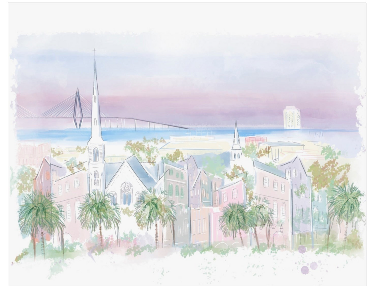 Pastel illustration of the Charleston skyline featuring historic churches, palm trees, and the Ravenel Bridge — artwork by Rebecca Illustrated