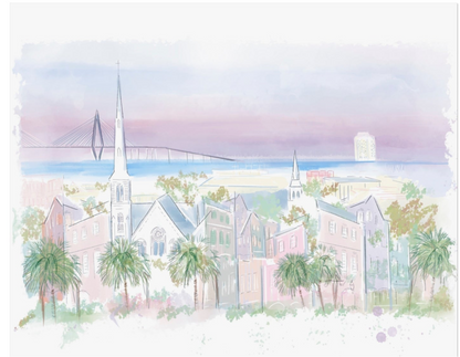 Pastel illustration of the Charleston skyline featuring historic churches, palm trees, and the Ravenel Bridge — artwork by Rebecca Illustrated
