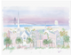 Pastel illustration of the Charleston skyline featuring historic churches, palm trees, and the Ravenel Bridge — artwork by Rebecca Illustrated