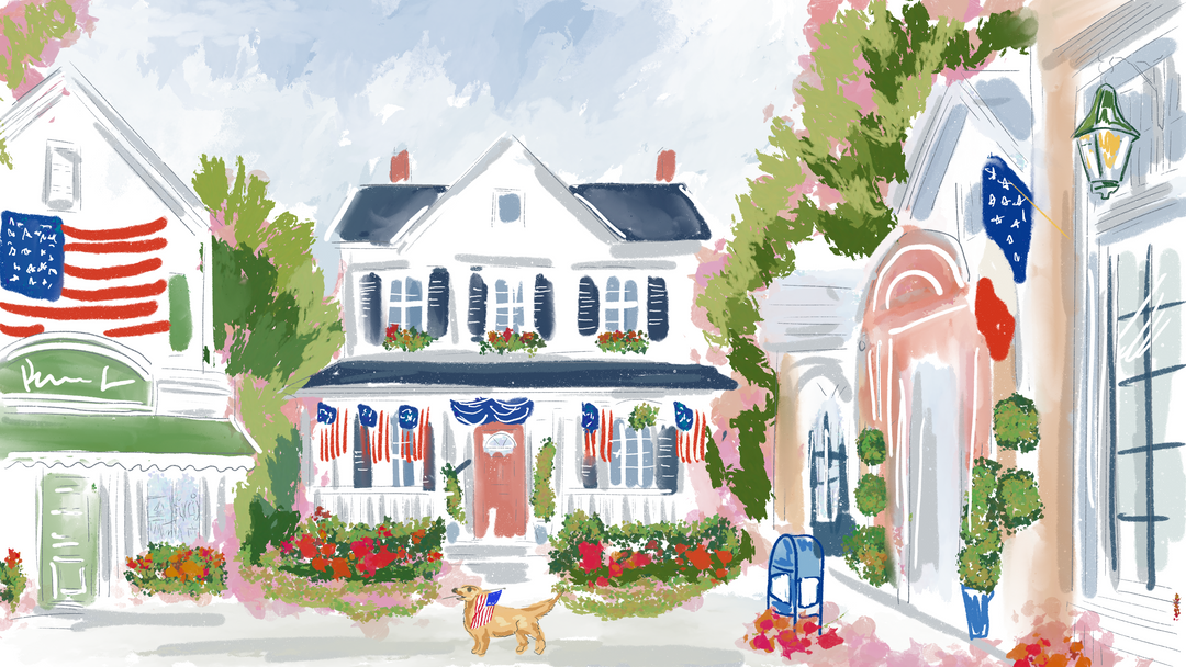Whimsical watercolor illustration of a charming small American town decorated with American flags, colorful flowers, storefronts, and a vintage pink convertible celebrating the Fourth of July.