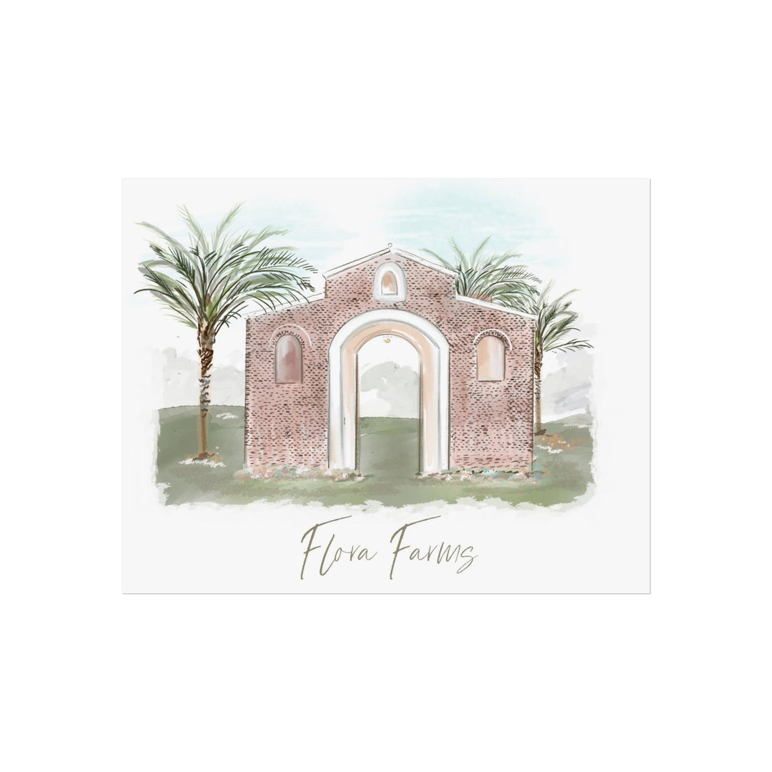 Illustration of Flora Farms in Mexico featuring rustic brick chapel façade, arched doorway, and surrounding palm trees, artwork by Rebecca Illustrated.