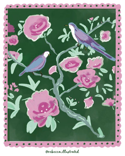Illustrated birds perched on floral branches with pink flowers on a deep green background — artwork by Rebecca Illustrated
