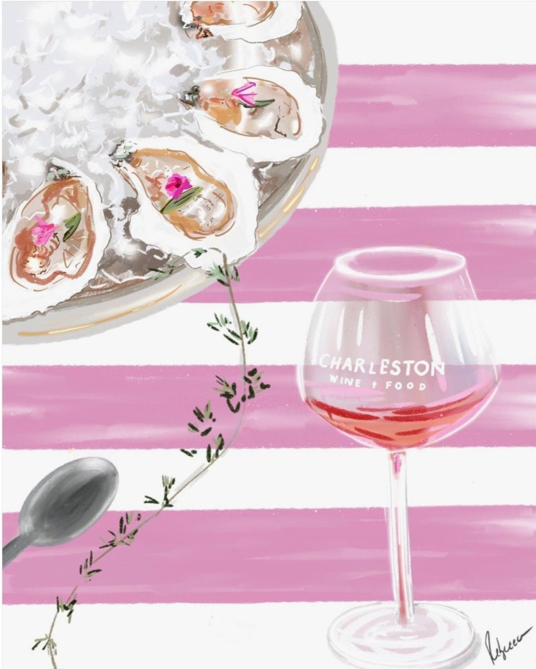 Illustration featuring oysters on ice, a wine glass labeled Charleston Wine + Food, pink striped background, herbs, and spoon, artwork by Rebecca Illustrated.