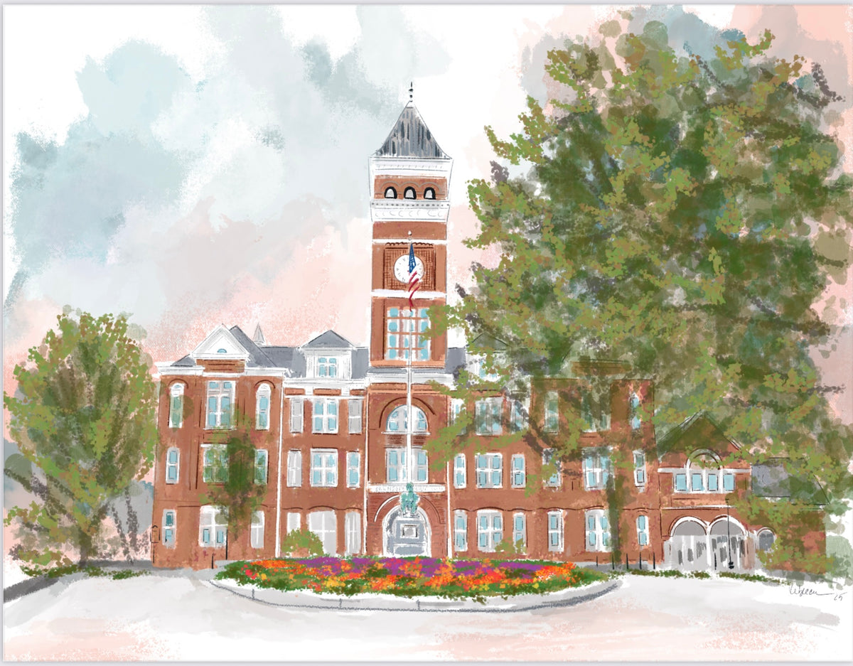 Watercolor illustration of Clemson University’s historic Tillman Hall with clock tower, trees, and campus landscaping, painted by Rebecca Illustrated.