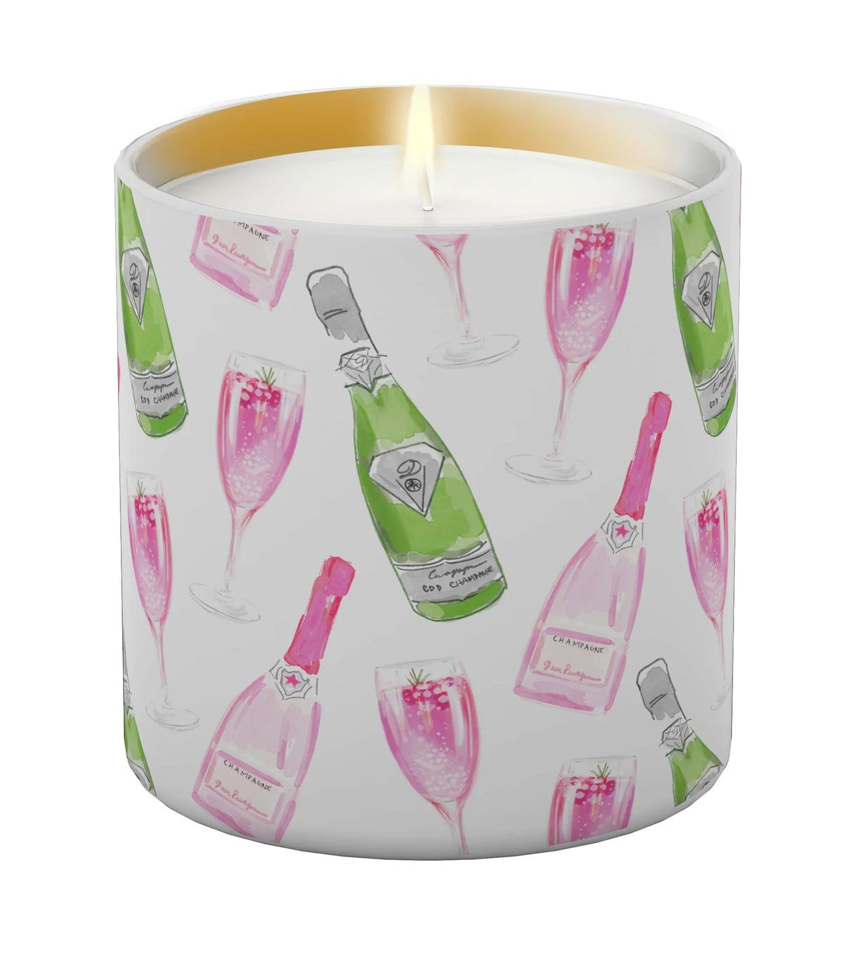 Luxury holiday candle featuring champagne bottles and pink coupe glasses, original festive artwork by Rebecca Illustrated.