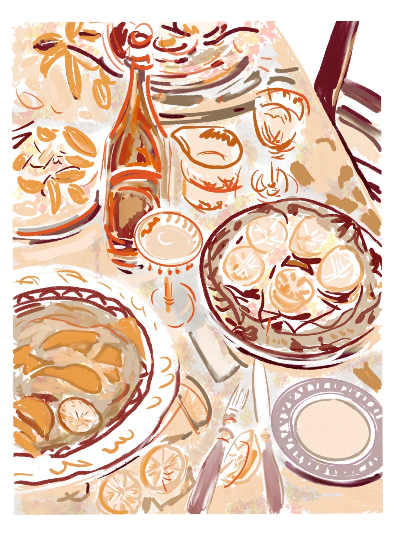 Warm golden-toned illustration of a coastal dining table with oysters, lemons, wine, and plates — art by Rebecca Illustrated.