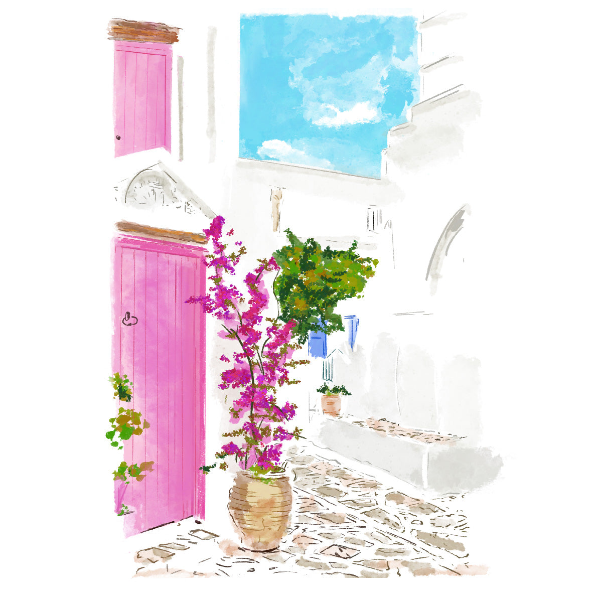 A bright watercolor-style illustration by Rebecca Illustrated depicting a Greek island street with whitewashed buildings, a pink door, potted bougainvillea, and a vivid blue sky.