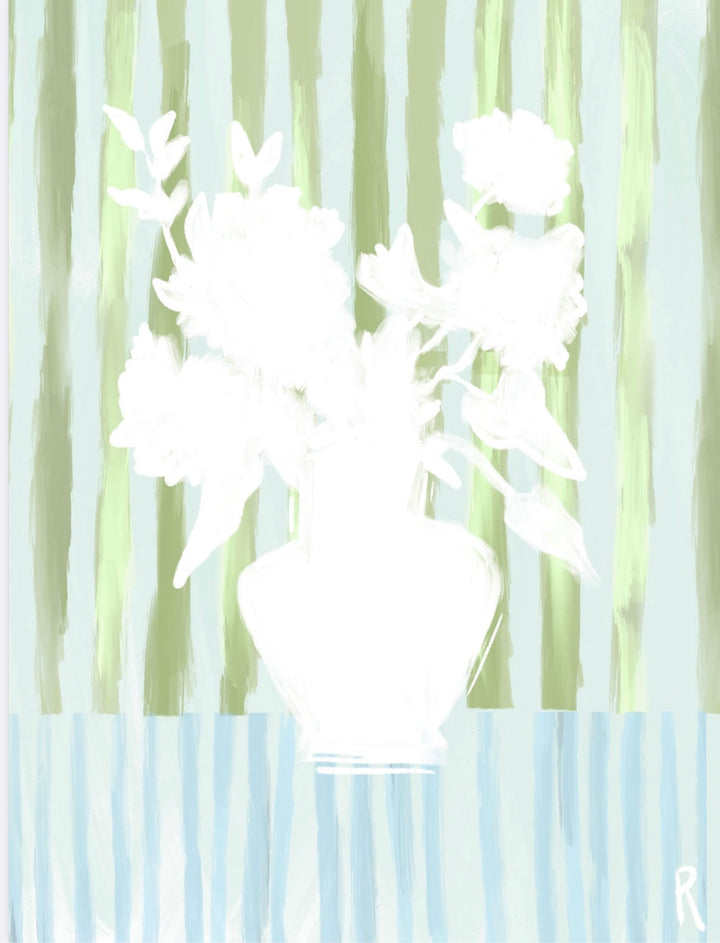 White flowers in a vase on a striped background