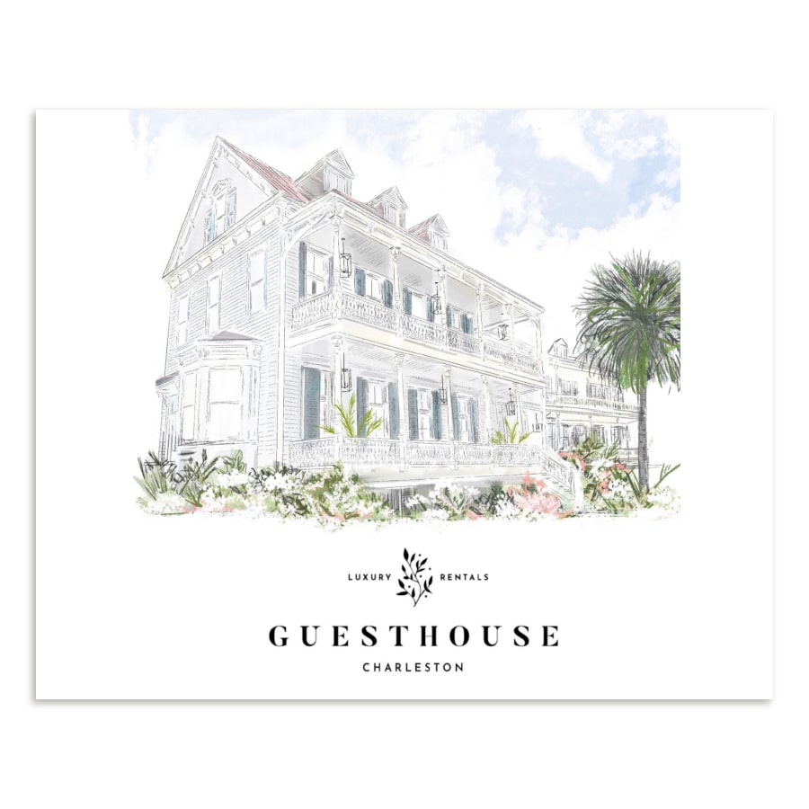 Illustration of a historic white Charleston guesthouse with double porches, palm tree, and garden landscaping, with the text ‘Luxury Rentals Guesthouse Charleston’ below.