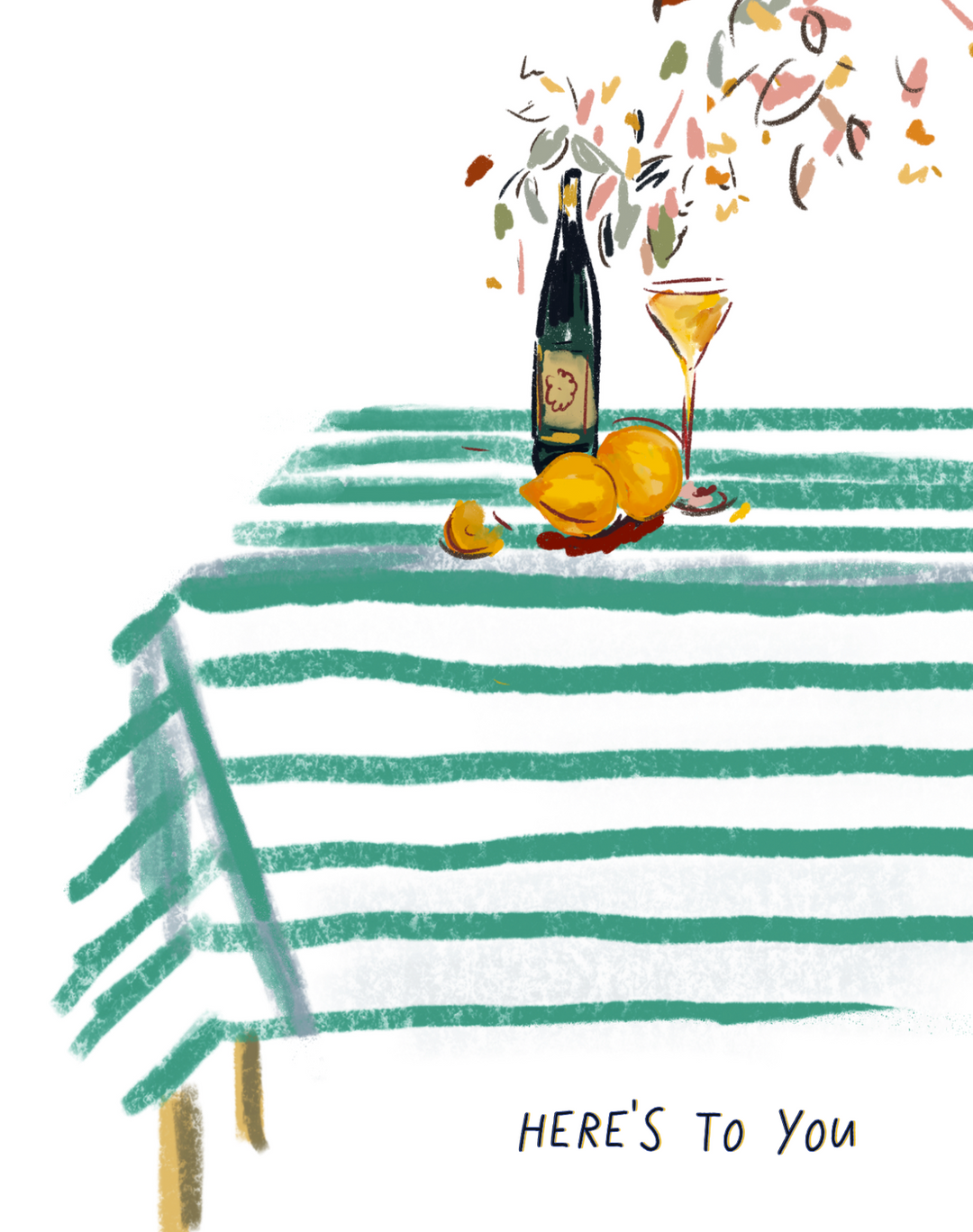 Illustration of a green striped table with a wine bottle, glass, lemons, and the words “Here’s to you,” original artwork by Rebecca Illustrated on a blank greeting card.