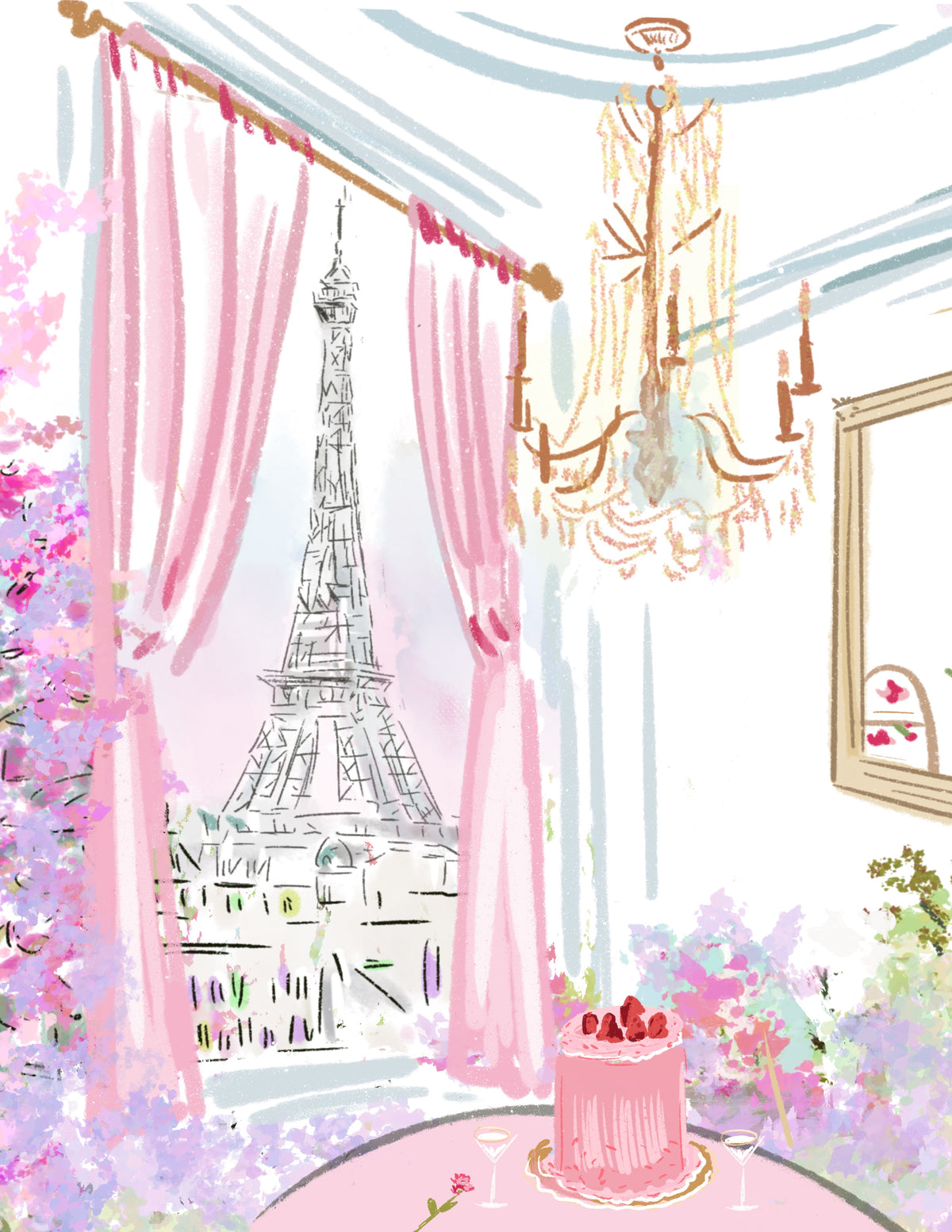 Paris inspired illustration featuring the Eiffel Tower viewed through pink curtains with a chandelier and celebration cake, original artwork by Rebecca Illustrated on a blank greeting card.