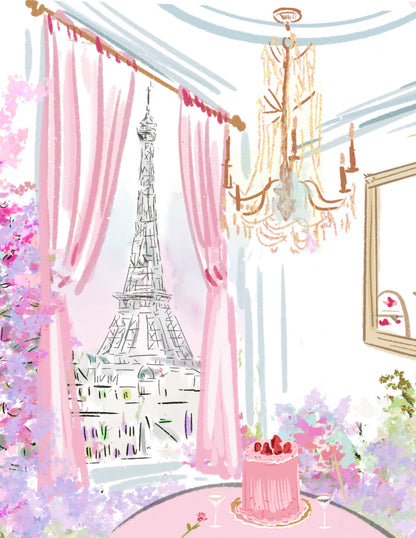Paris inspired illustration featuring the Eiffel Tower viewed through pink curtains with a chandelier and celebration cake, original artwork by Rebecca Illustrated on a blank greeting card.