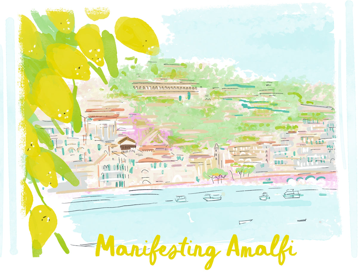 Illustrated Amalfi Coast greeting card with lemons and coastal village featuring the text “Manifesting Amalfi” by Rebecca Illustrated