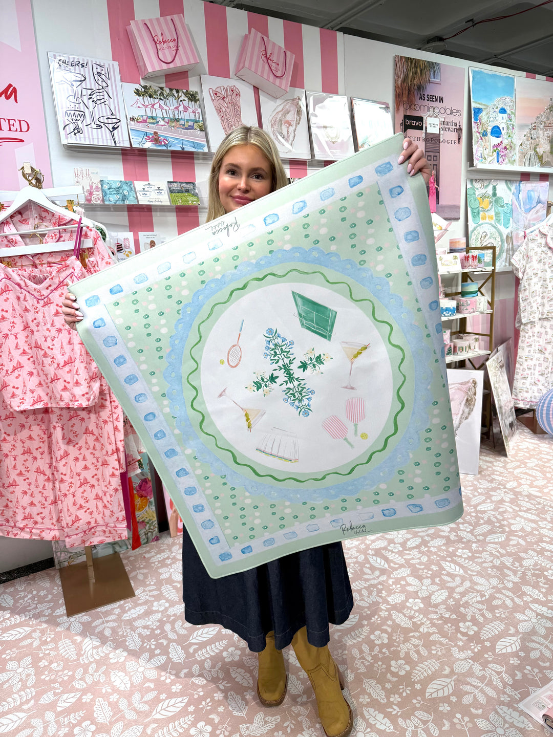 Green and blue illustrated mahjong mat by Rebecca Illustrated featuring hand-painted tennis rackets, cocktails, florals, and playful preppy details