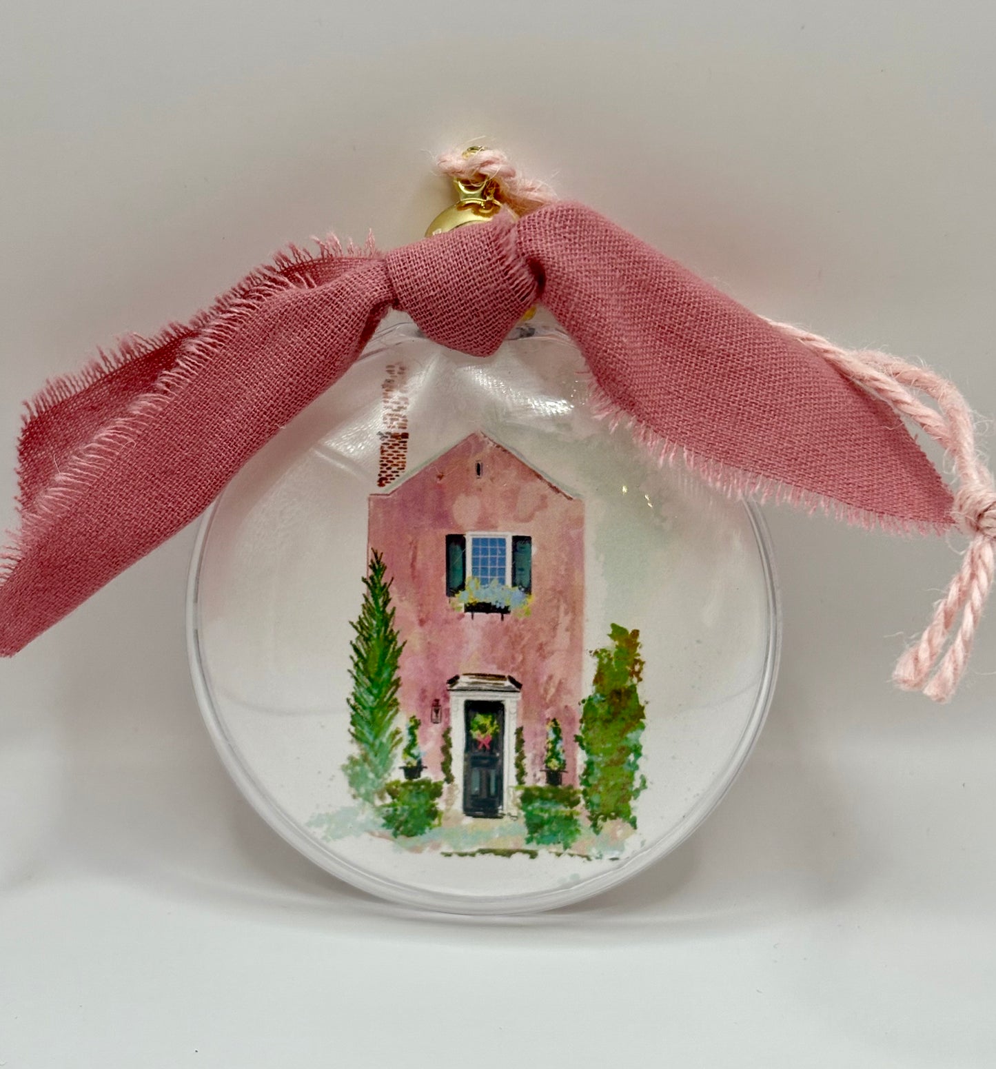Charleston pink house illustrated ornament with ribbon by Rebecca Illustrated