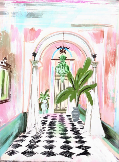 Pastel tropical hallway illustration with arched doorway, black and white tile floor, palm plants, and green chandelier by Rebecca Illustrated.