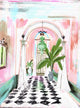 Pastel tropical hallway illustration with arched doorway, black and white tile floor, palm plants, and green chandelier by Rebecca Illustrated.