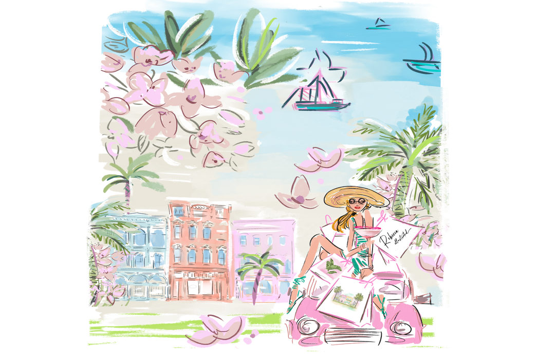 Whimsical fashion illustration featuring a stylish woman in a pink vintage car surrounded by shopping bags, pastel storefronts, tropical palm trees, pink flowers, and a coastal blue sky.