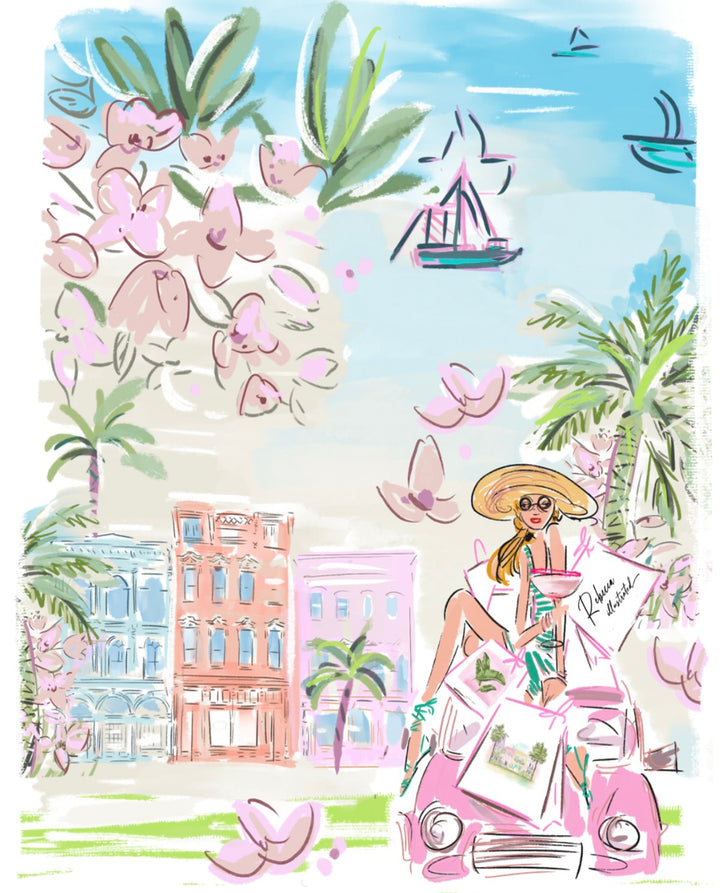 Illustration of a woman in a sun hat sitting on a bench with palm trees and buildings in the background.
