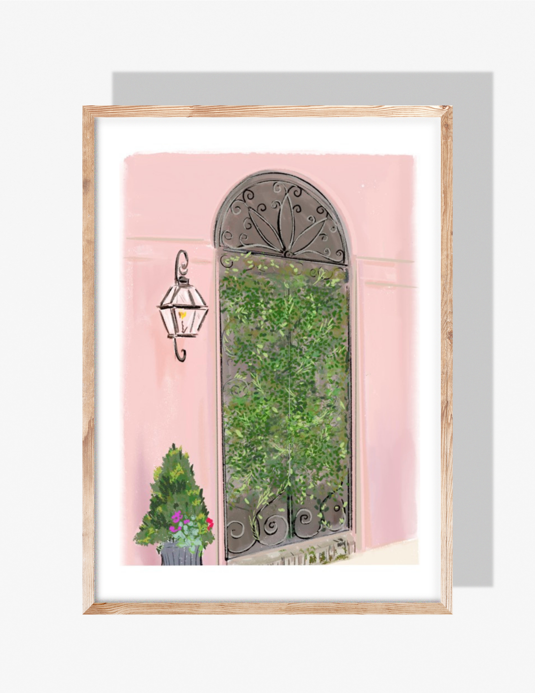 A pastel illustration by Rebecca Illustrated featuring a pink wall with a wrought iron arched gate covered in greenery, accompanied by a lantern-style wall sconce and a potted plant.