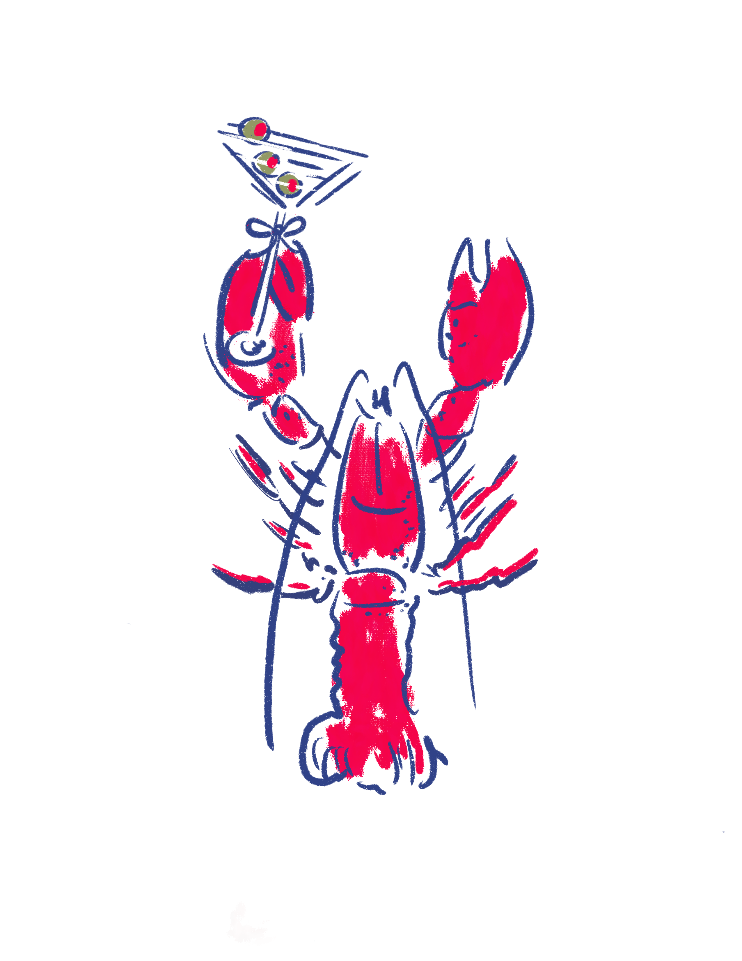 Whimsical illustration of a bright red lobster holding a martini glass garnished with olives, rendered in a playful coastal style with bold navy and coral details.