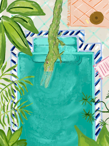 Whimsical illustration of an alligator dipping into a turquoise swimming pool surrounded by tropical plants — artwork by Rebecca Illustrated