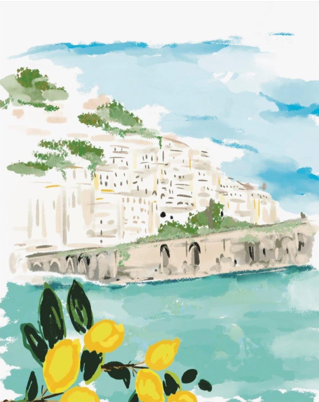 Illustration of a coastal Italian village overlooking turquoise water with yellow lemons in the foreground, original artwork by Rebecca Illustrated on a blank greeting card