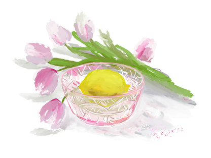 Watercolor-style still life by Rebecca Illustrated featuring a bright yellow lemon in a delicate pink pressed-glass bowl, surrounded by soft pink tulips on a light neutral background. Loose painterly brushstrokes and pastel colors create a fresh, cheerful spring-inspired composition.