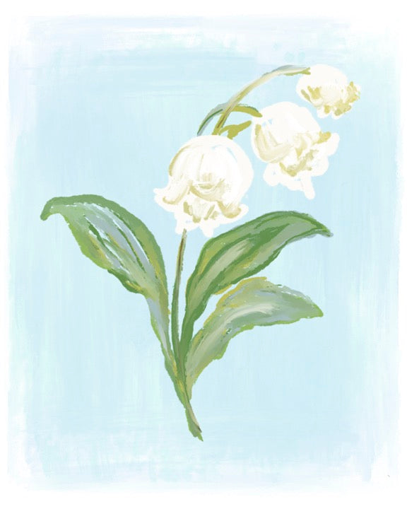 Watercolor-style illustration of a lily-of-the-valley stem with white bell-shaped flowers and green leaves on a pale blue background.