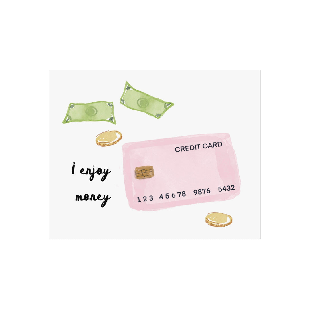 Illustrated pink credit card with green cash, gold coins, and the handwritten phrase ‘I enjoy money,’ playful pastel money artwork.