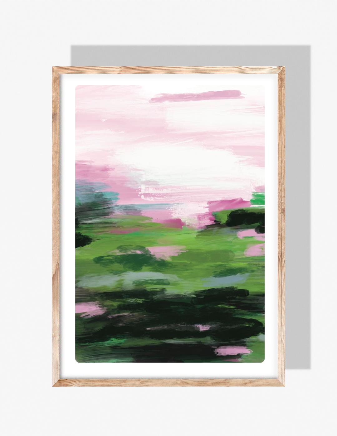 An abstract painting by Rebecca Illustrated featuring expressive pink, green, and dark brushstrokes creating a soft landscape-like composition.