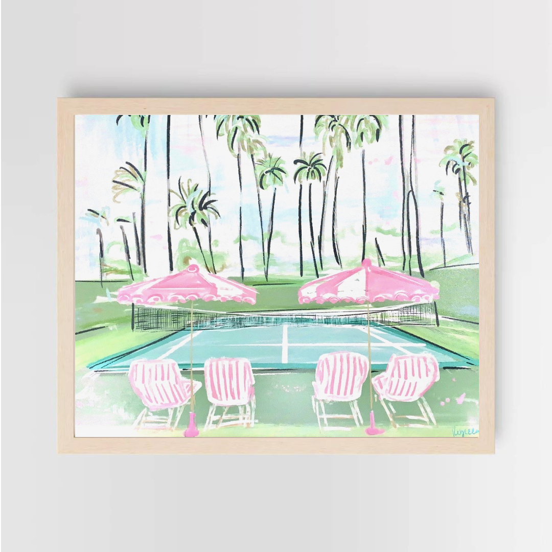 Pastel Palm Springs poolside illustration with pink umbrellas, striped lounge chairs, and tall palm trees by Rebecca Illustrated.