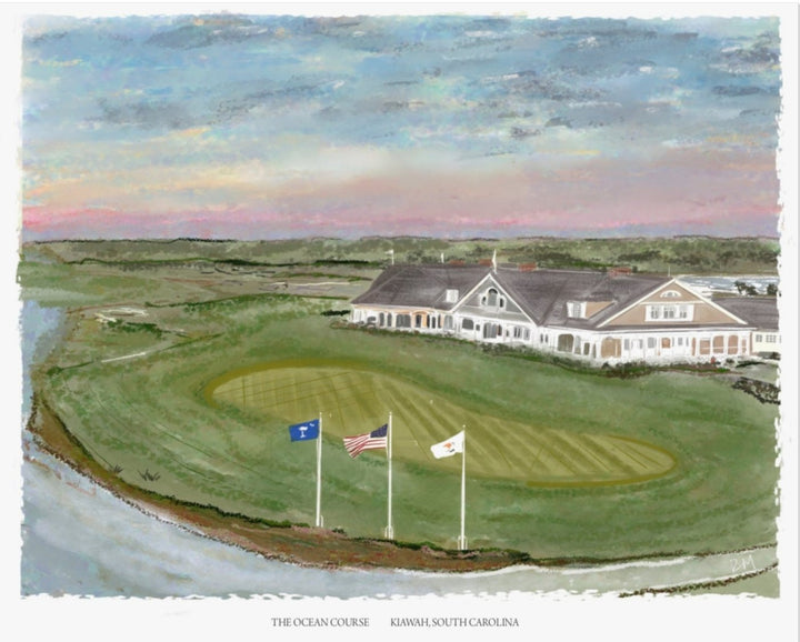 Illustration of The Ocean Course at Kiawah Island in South Carolina with a coastal golf green, flags, and clubhouse, original artwork by Rebecca Illustrated on a blank greeting card.
